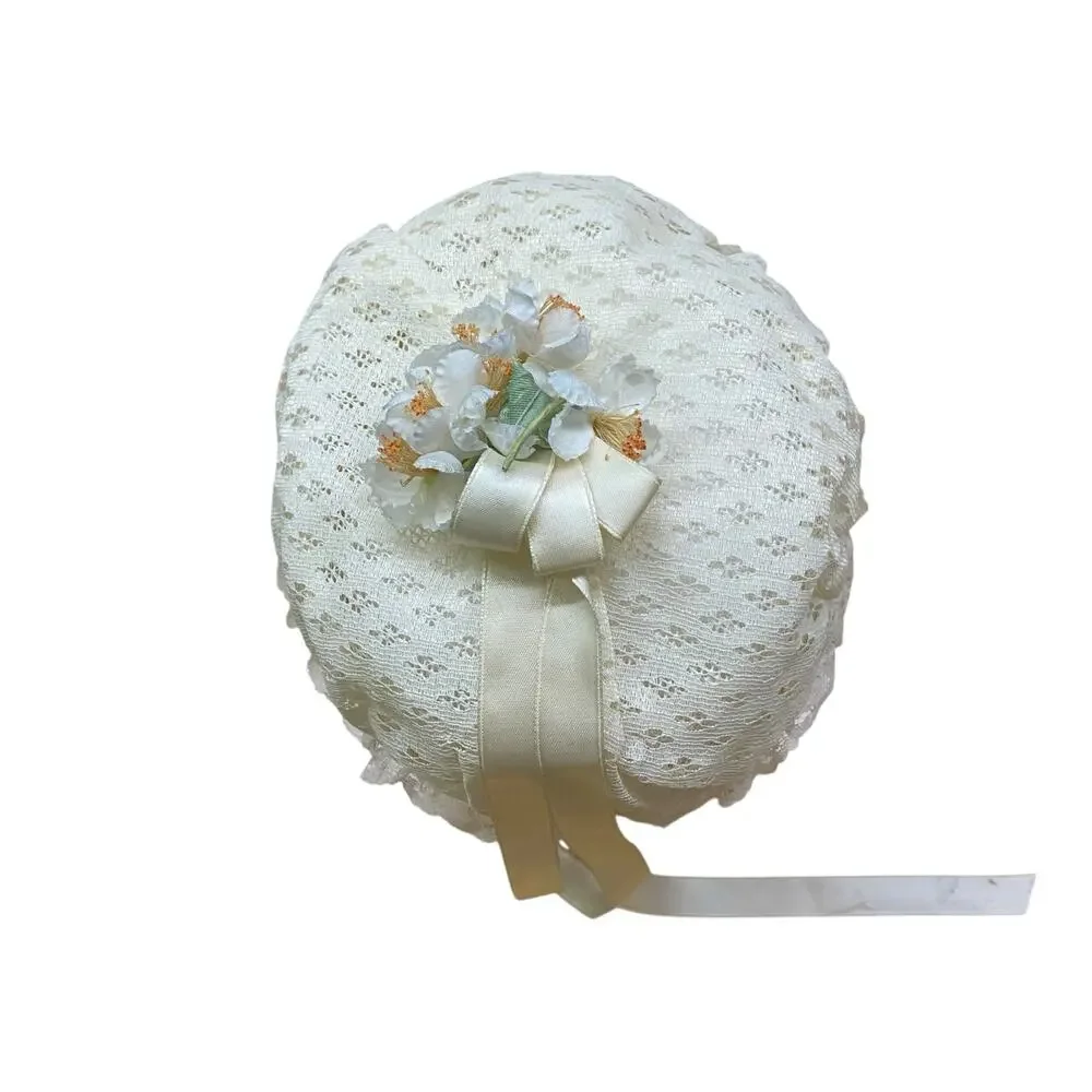 Vintage 1950s Lace Juliet Cap | Ivory Ribbon Tie Bridal Hat - Picture 5 of 7